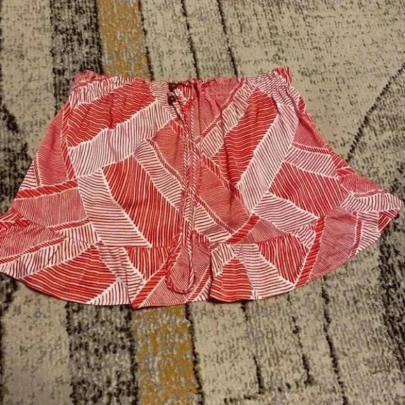 Anthropologie Mauve Geometric Abstract Tropical Red & White Ruffled Skirt - Picture 3 of 6
